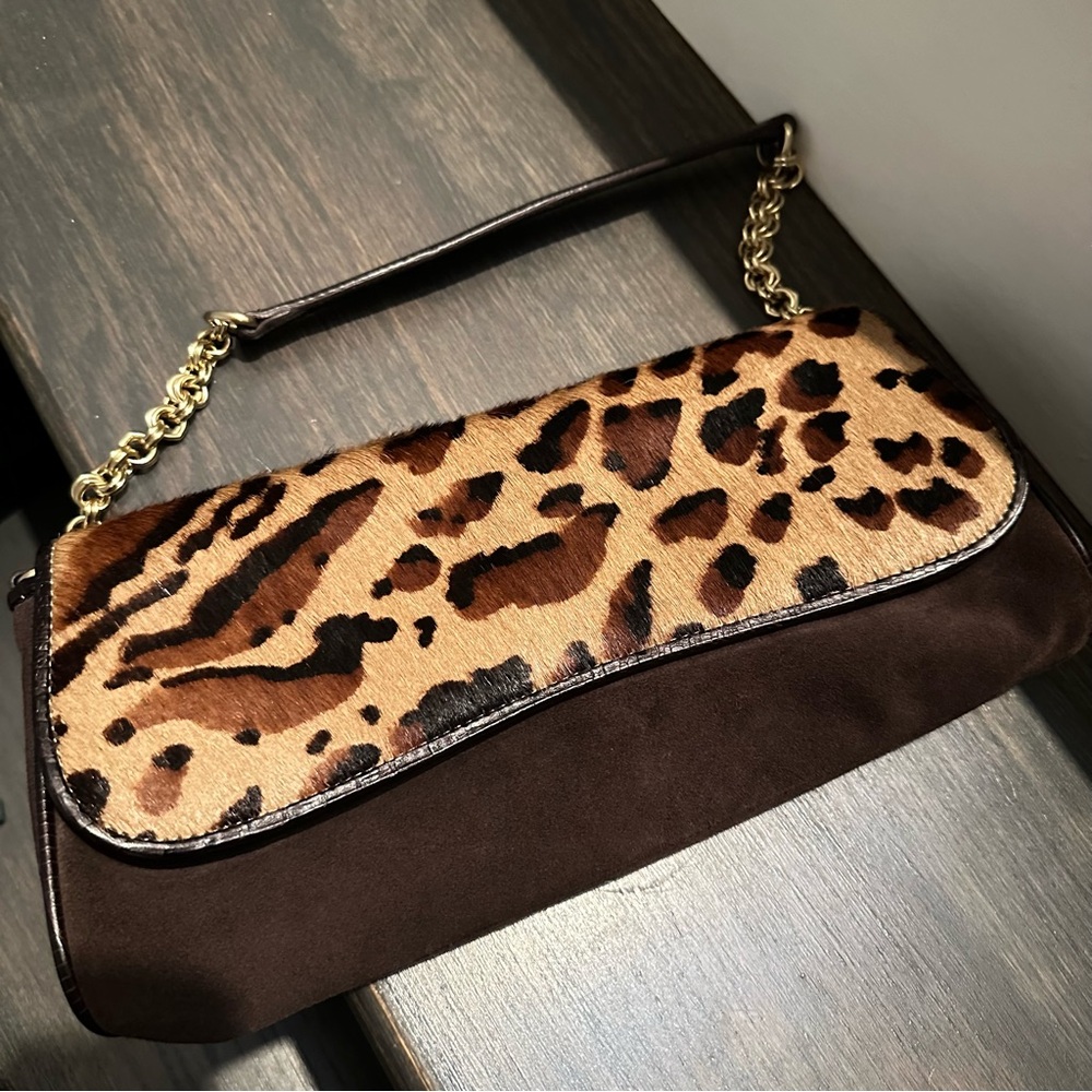 Ann Taylor Brown Suede and Leopard Print Calf Hair Shoulder Baguette